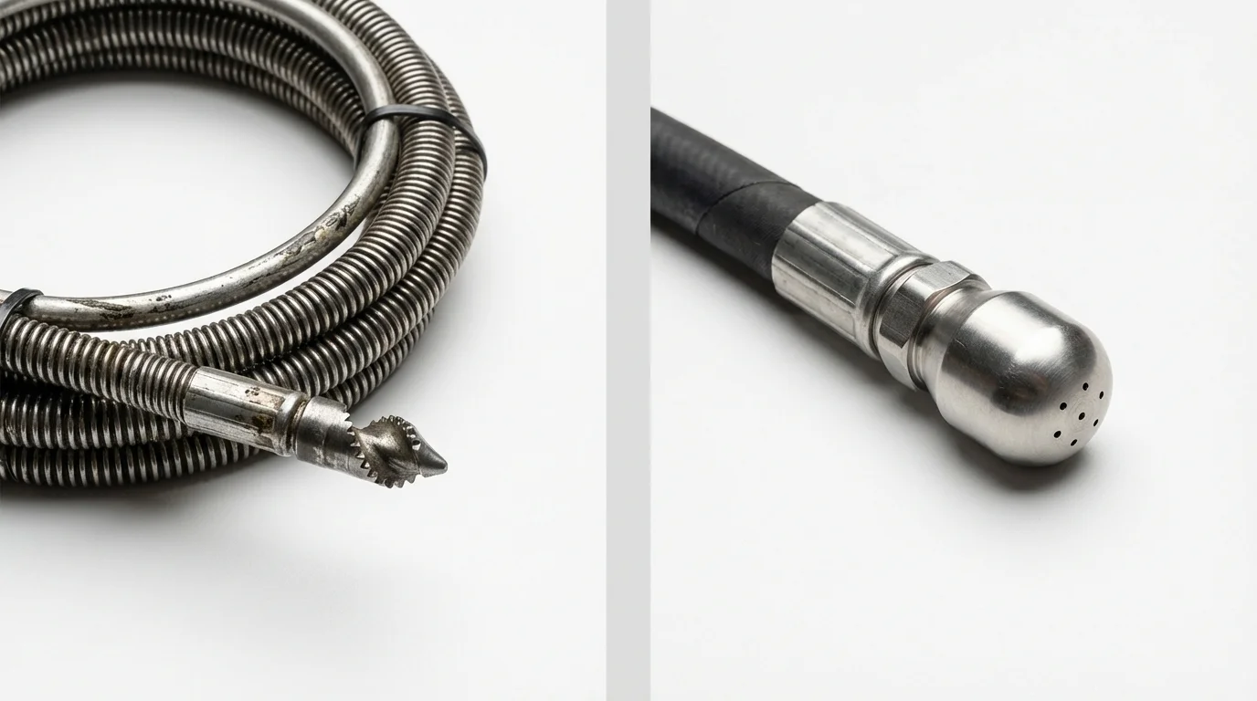 Drain snake cable and hydro jetting nozzle used for drain cleaning in Meredith, NH