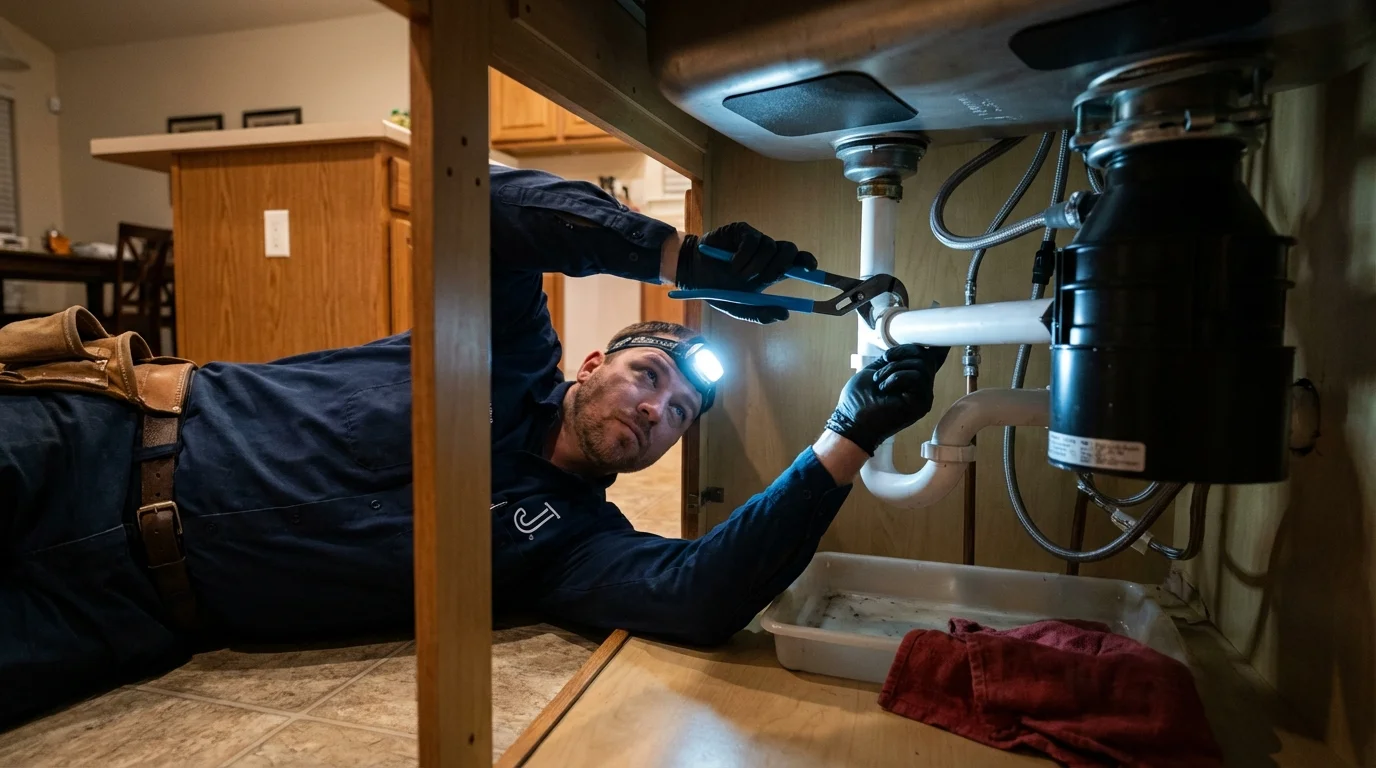 P-trap and supply line connections under a kitchen sink showing a common leak point in Meredith, NH